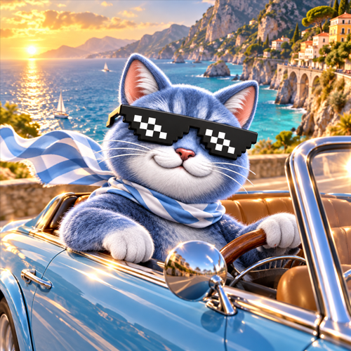 Cool Cat Dollar driving a convertible along a sunset coast