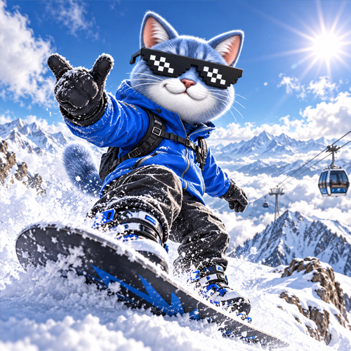 Cool Cat Dollar snowboarding and pointing toward the viewer