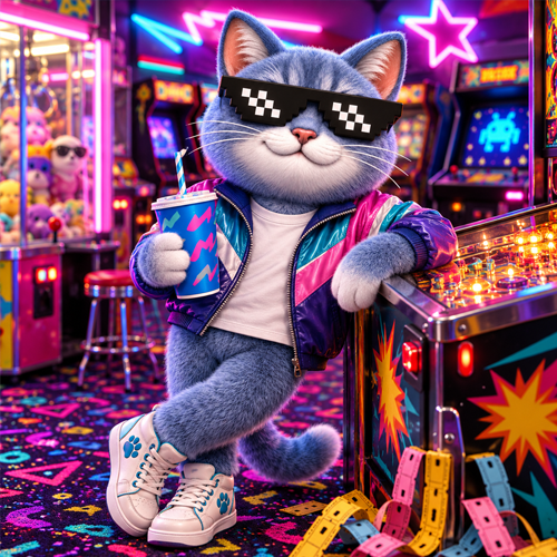 Cool Cat Dollar hanging out in a neon arcade with a slushie
