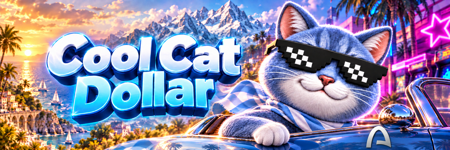Cool Cat Dollar panoramic banner across coast, mountains, and neon city
